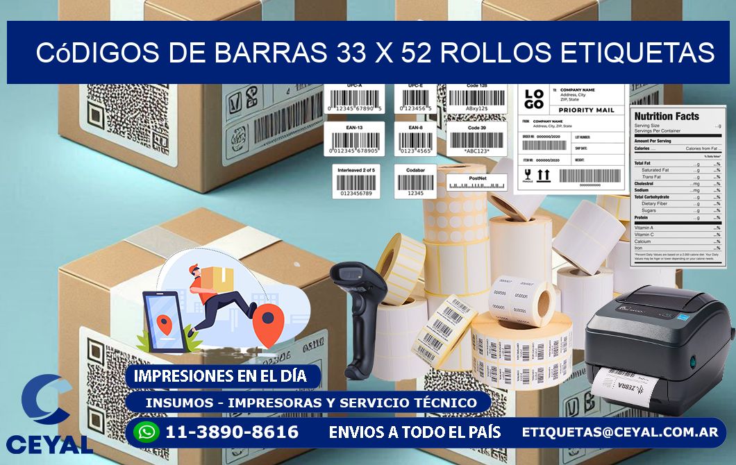 Códigos de Barras 33 x 52 ROLLOS ETIQUETAS