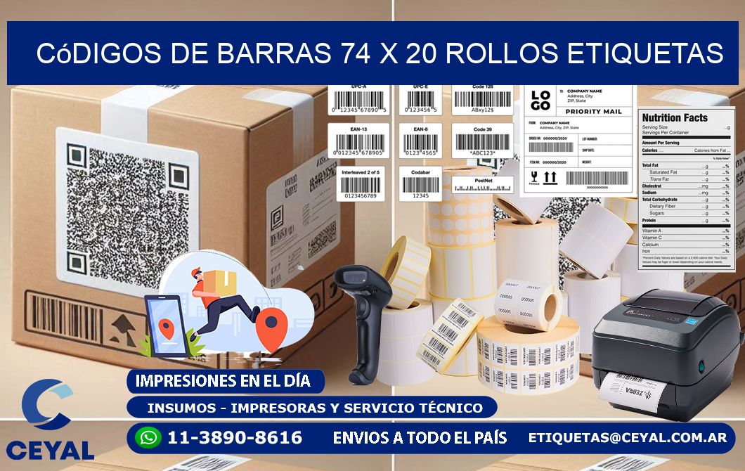 Códigos de Barras 74 x 20 ROLLOS ETIQUETAS