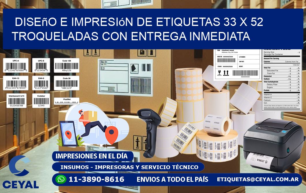 Diseño e impresión de etiquetas 33 x 52 troqueladas con entrega inmediata