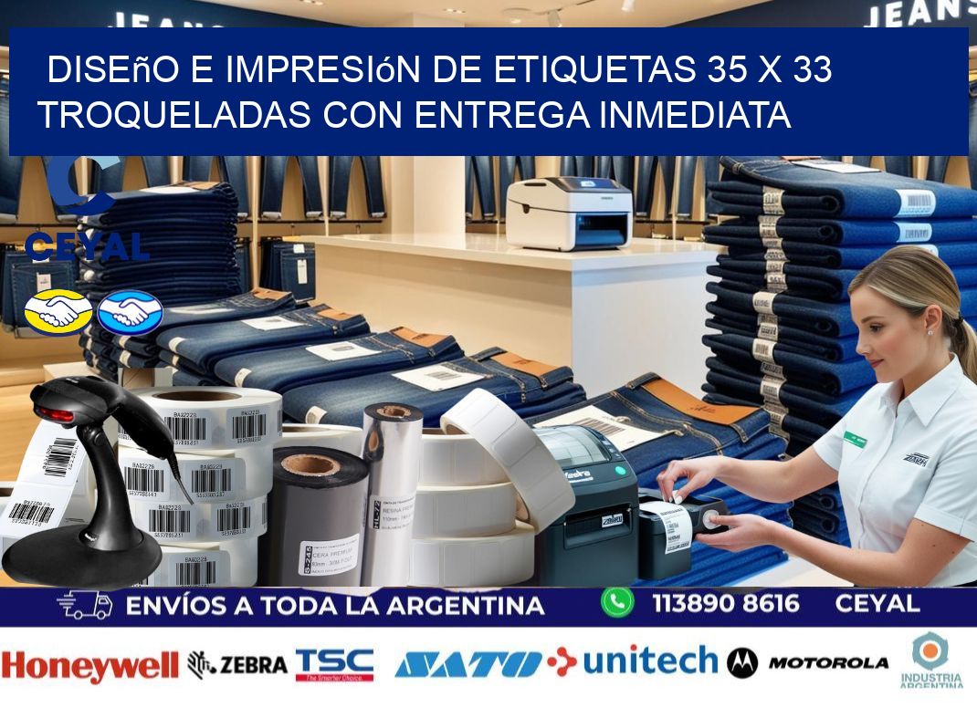 Diseño e impresión de etiquetas 35 x 33 troqueladas con entrega inmediata