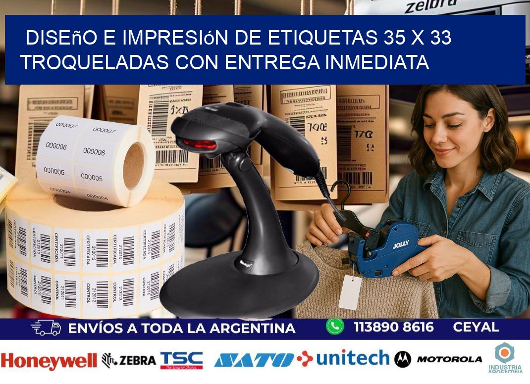 Diseño e impresión de etiquetas 35 x 33 troqueladas con entrega inmediata