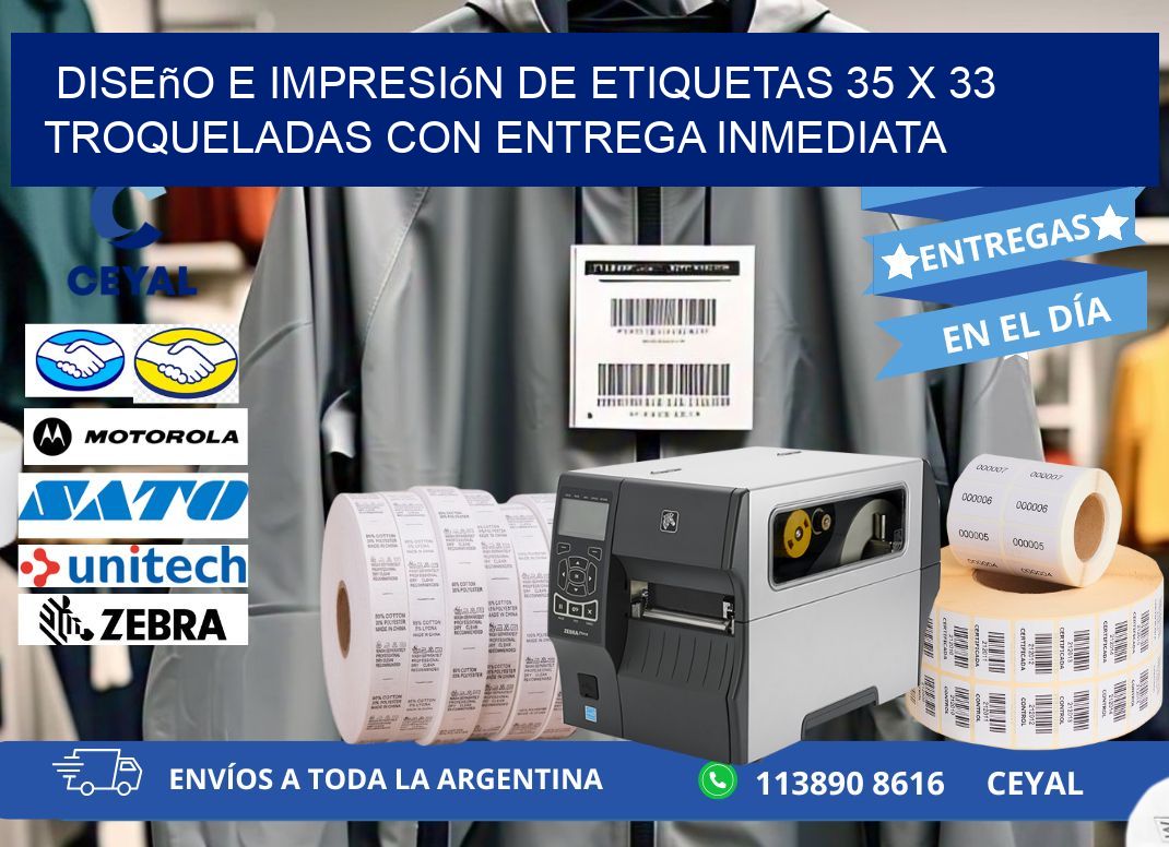 Diseño e impresión de etiquetas 35 x 33 troqueladas con entrega inmediata