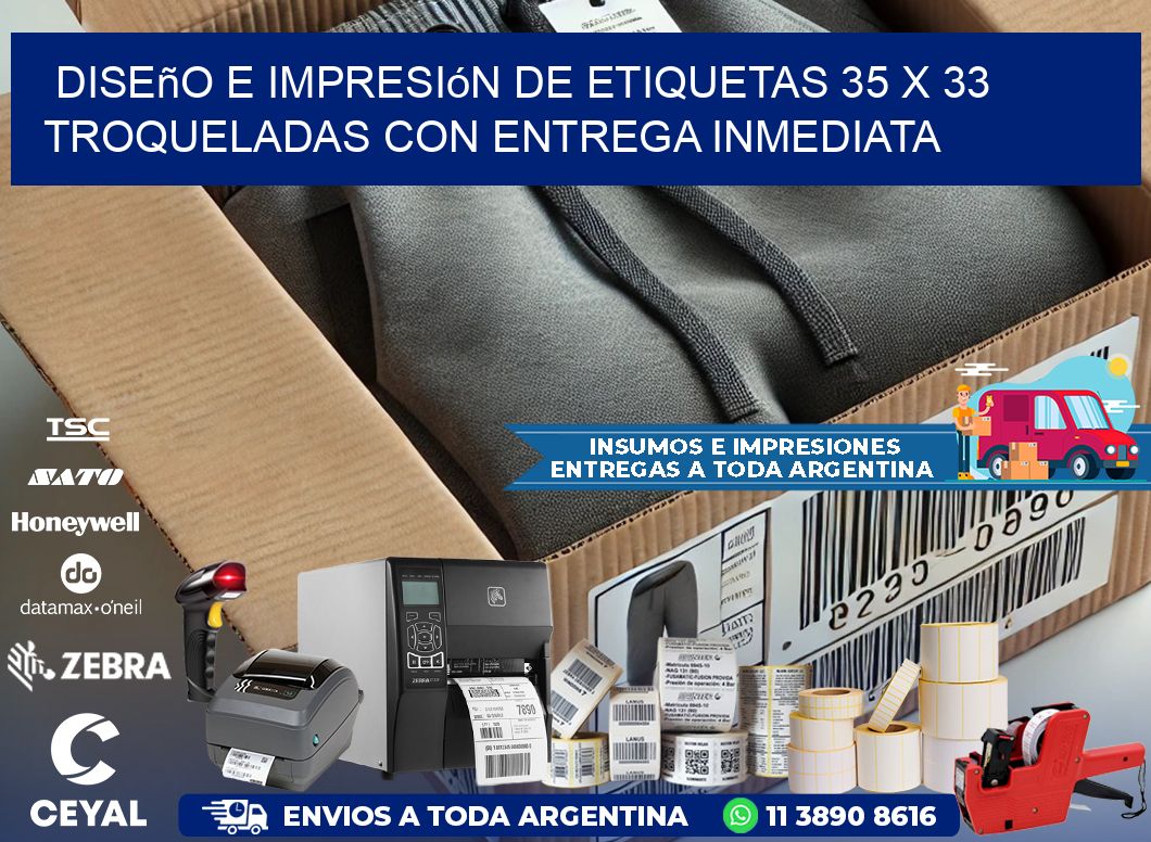 Diseño e impresión de etiquetas 35 x 33 troqueladas con entrega inmediata