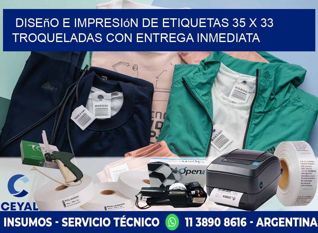 Diseño e impresión de etiquetas 35 x 33 troqueladas con entrega inmediata