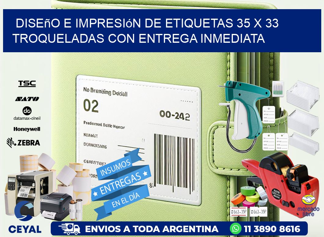 Diseño e impresión de etiquetas 35 x 33 troqueladas con entrega inmediata