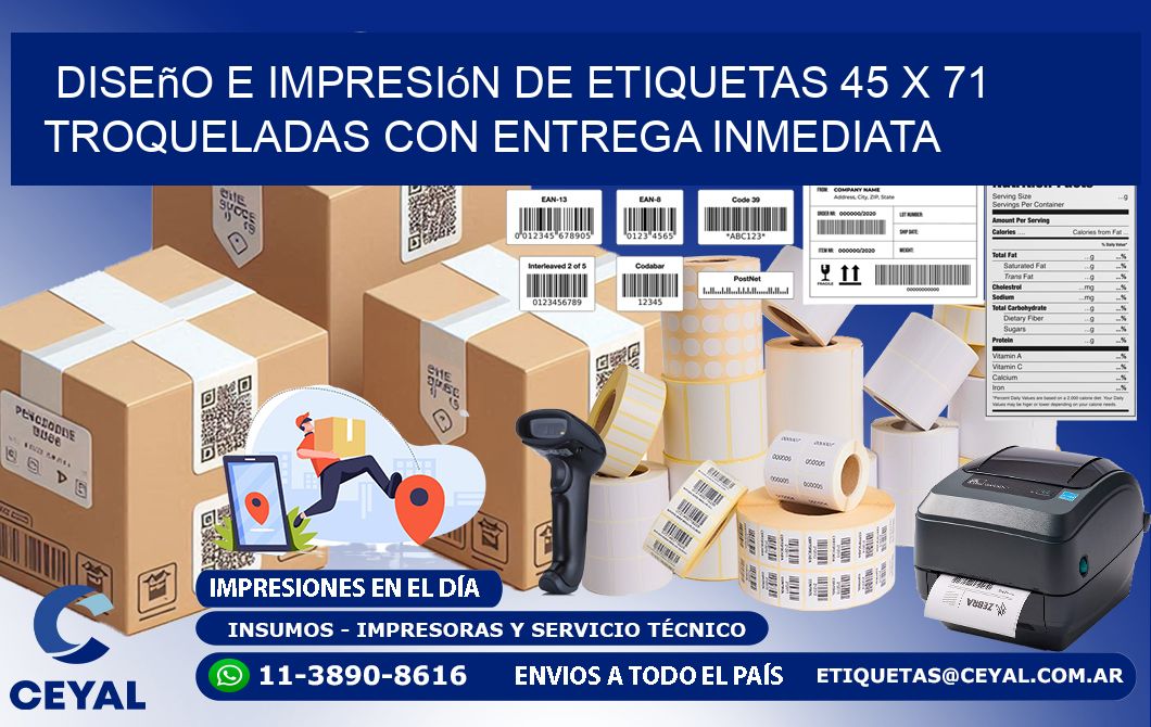 Diseño e impresión de etiquetas 45 x 71 troqueladas con entrega inmediata
