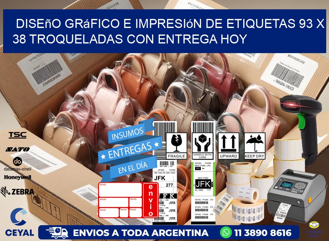 Diseño gráfico e impresión de etiquetas 93 x 38 troqueladas con entrega hoy