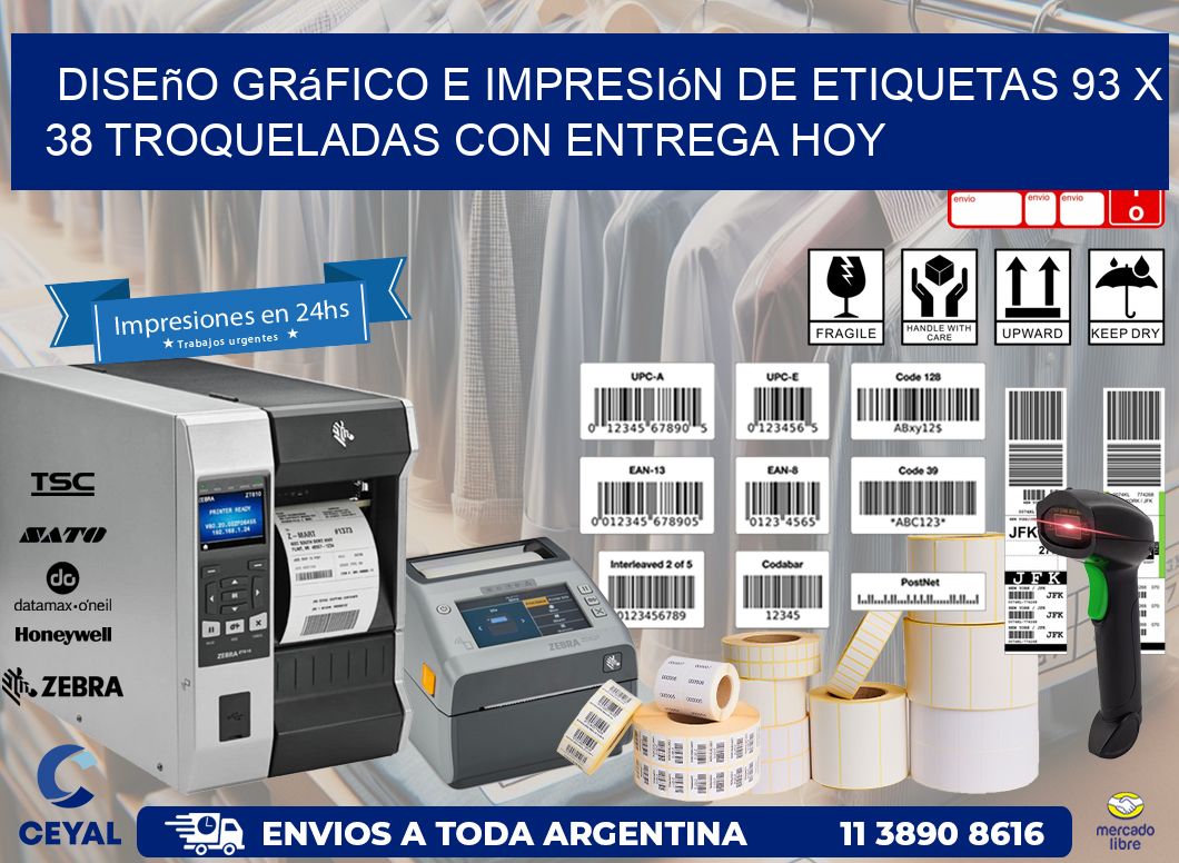Diseño gráfico e impresión de etiquetas 93 x 38 troqueladas con entrega hoy