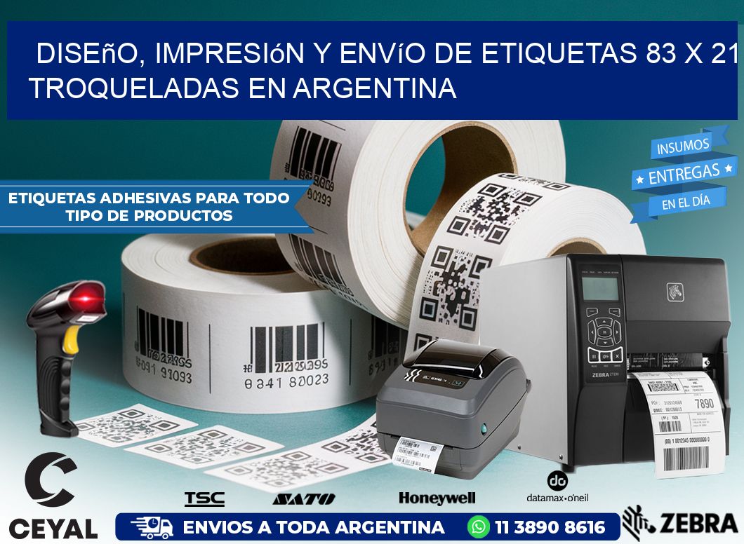 Diseño, impresión y envío de etiquetas 83 x 21 troqueladas en Argentina