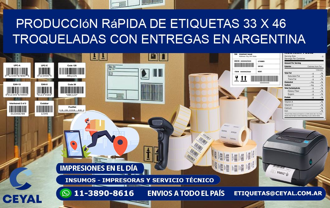 Producción rápida de etiquetas 33 x 46 troqueladas con entregas en Argentina