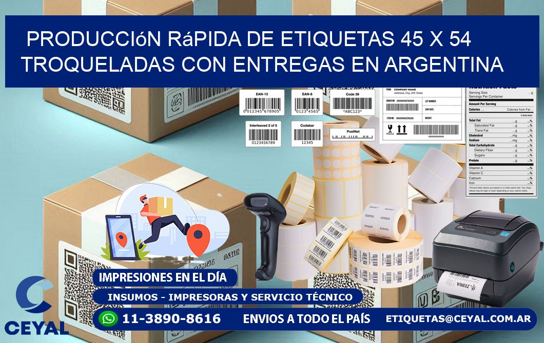 Producción rápida de etiquetas 45 x 54 troqueladas con entregas en Argentina