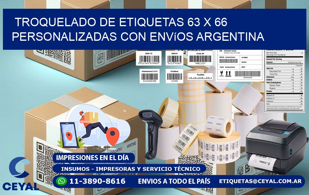 Troquelado de etiquetas 63 x 66 personalizadas con envíos Argentina