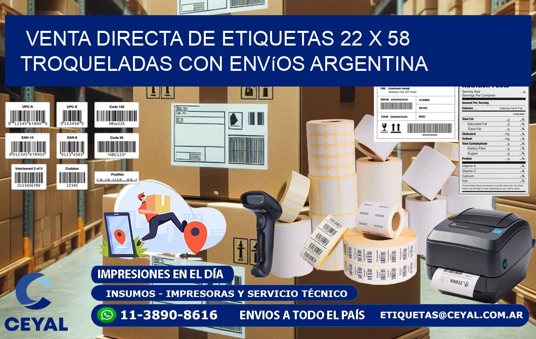 Venta directa de etiquetas 22 x 58 troqueladas con envíos Argentina