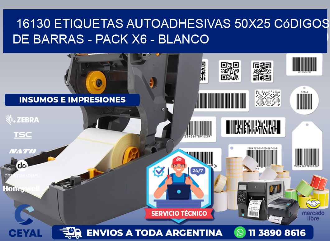 16130 Etiquetas Autoadhesivas 50x25 Códigos De Barras - Pack X6 - Blanco