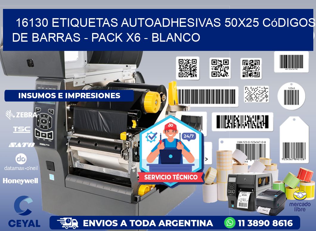 16130 Etiquetas Autoadhesivas 50x25 Códigos De Barras - Pack X6 - Blanco