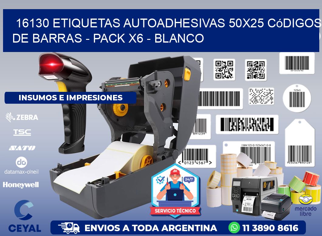16130 Etiquetas Autoadhesivas 50x25 Códigos De Barras - Pack X6 - Blanco