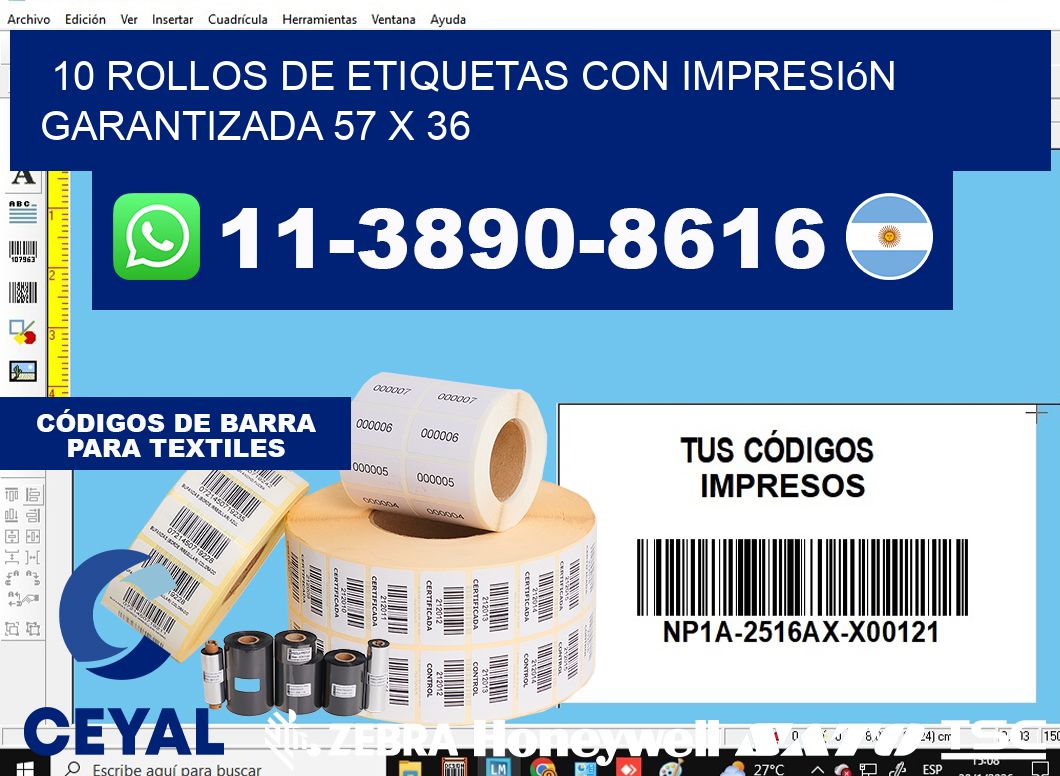 10 rollos de etiquetas con impresión garantizada 57 x 36