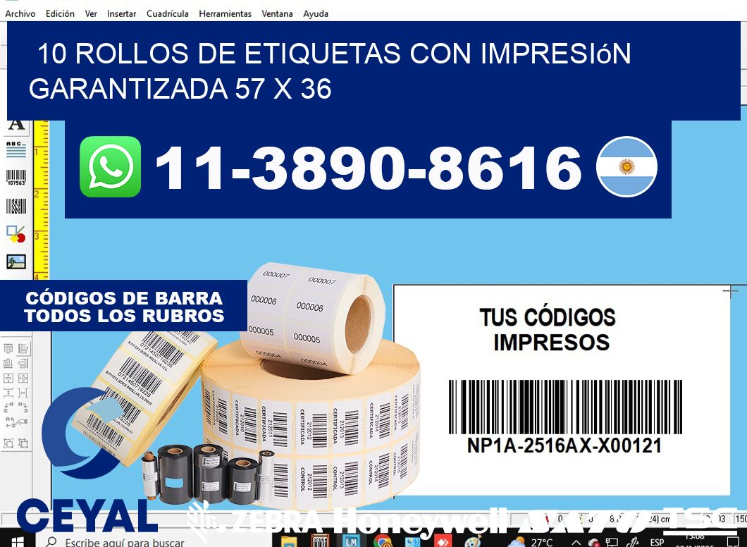10 rollos de etiquetas con impresión garantizada 57 x 36
