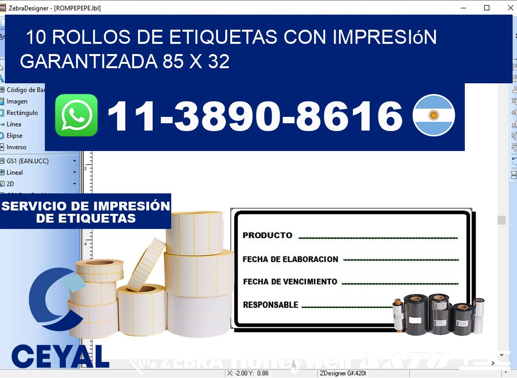 10 rollos de etiquetas con impresión garantizada 85 x 32