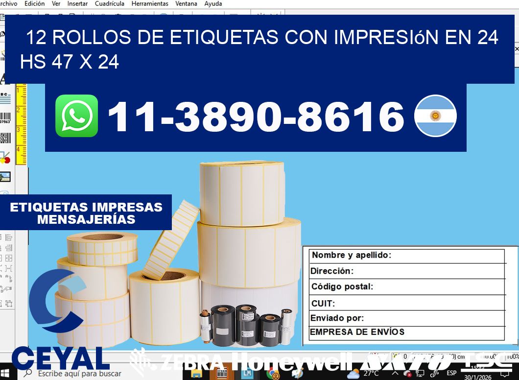 12 rollos de etiquetas con impresión en 24 hs 47 x 24