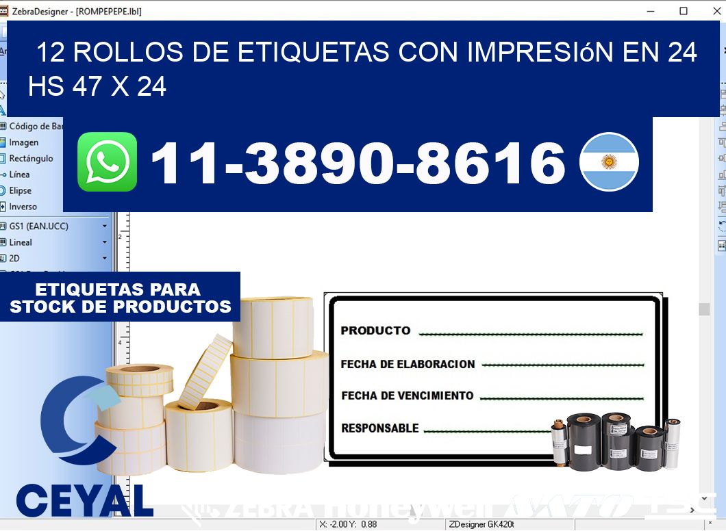12 rollos de etiquetas con impresión en 24 hs 47 x 24