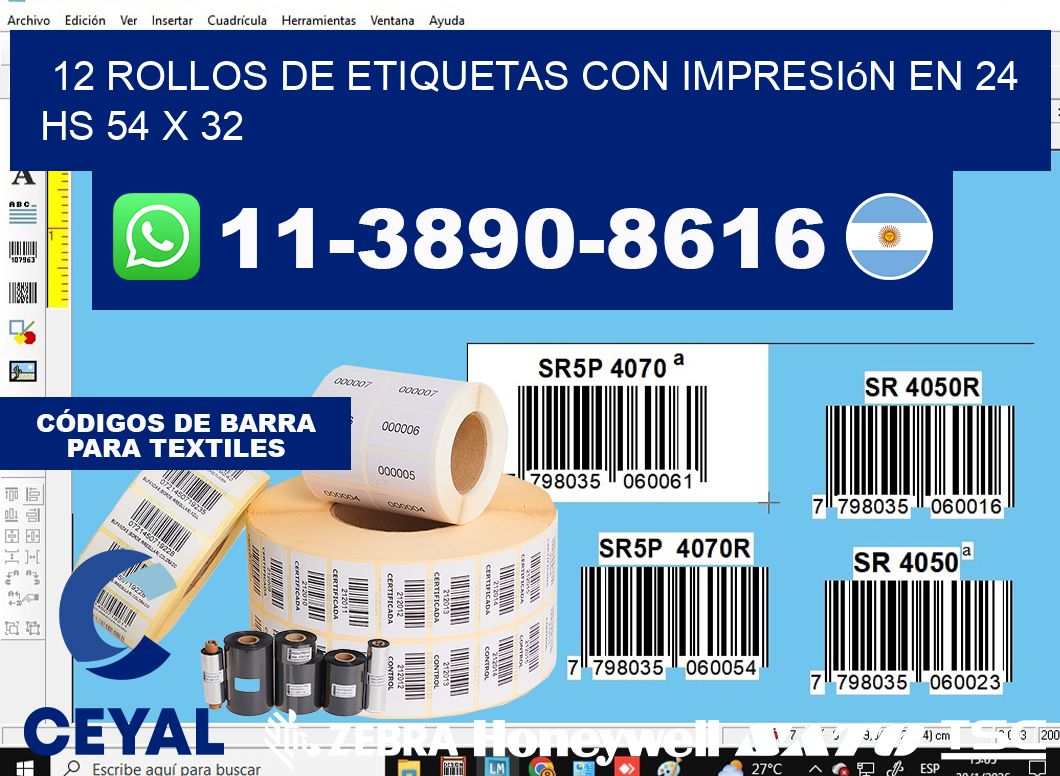 12 rollos de etiquetas con impresión en 24 hs 54 x 32