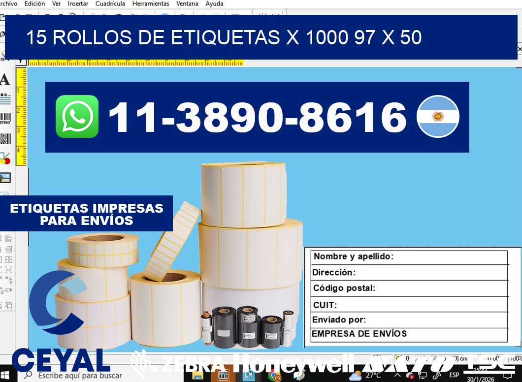 15 rollos de etiquetas x 1000 97 x 50