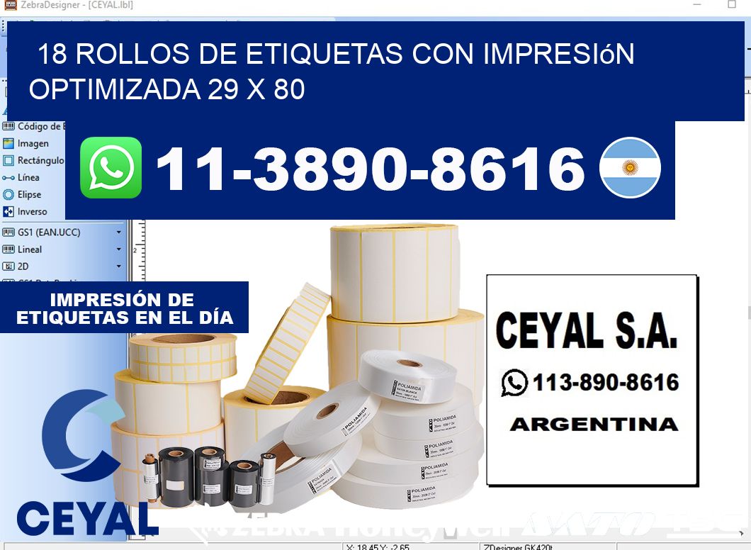 18 rollos de etiquetas con impresión optimizada 29 x 80