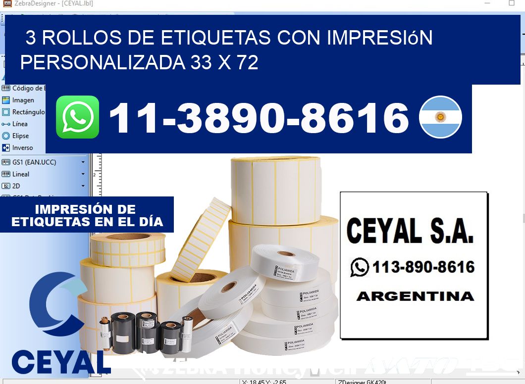 3 rollos de etiquetas con impresión personalizada 33 x 72