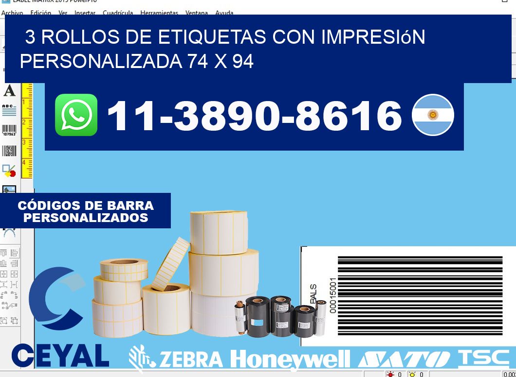 3 rollos de etiquetas con impresión personalizada 74 x 94