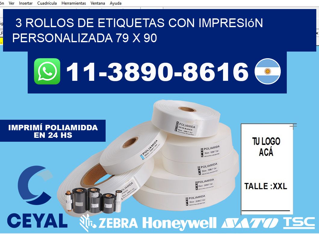 3 rollos de etiquetas con impresión personalizada 79 x 90
