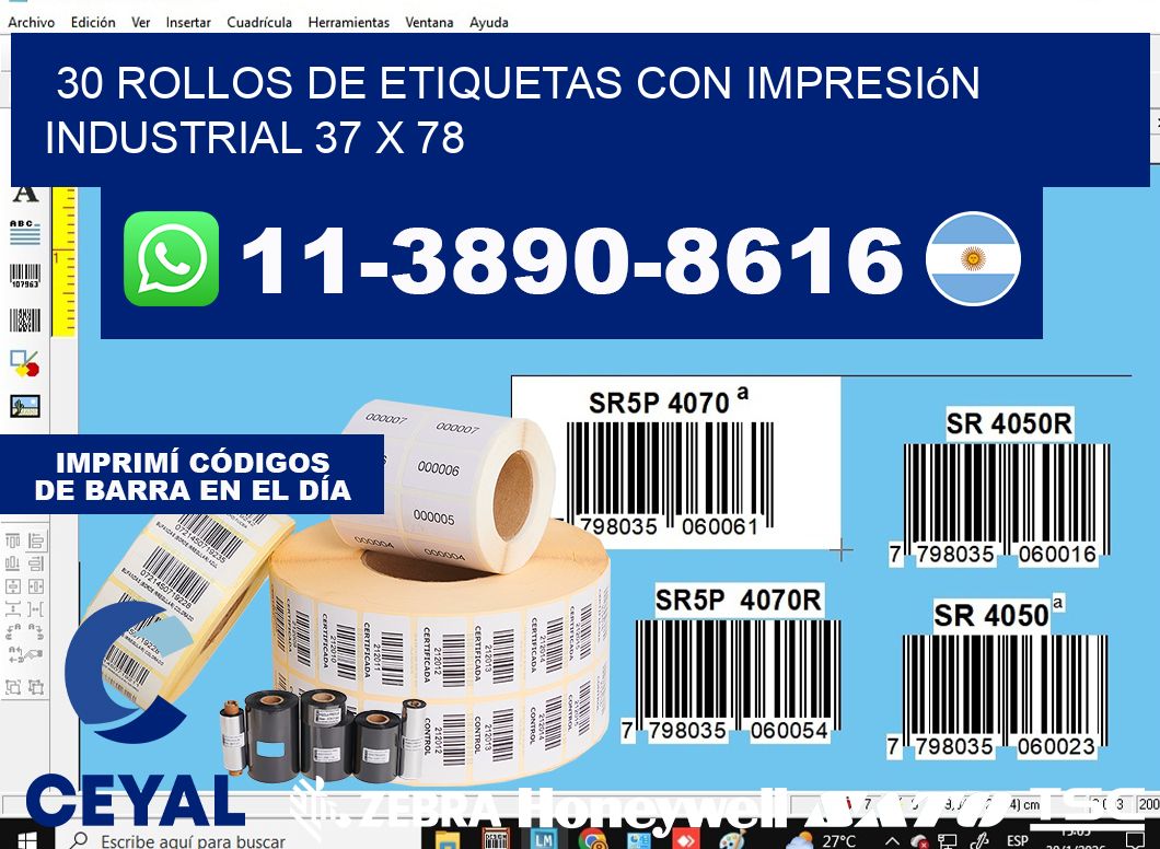 30 rollos de etiquetas con impresión industrial 37 x 78