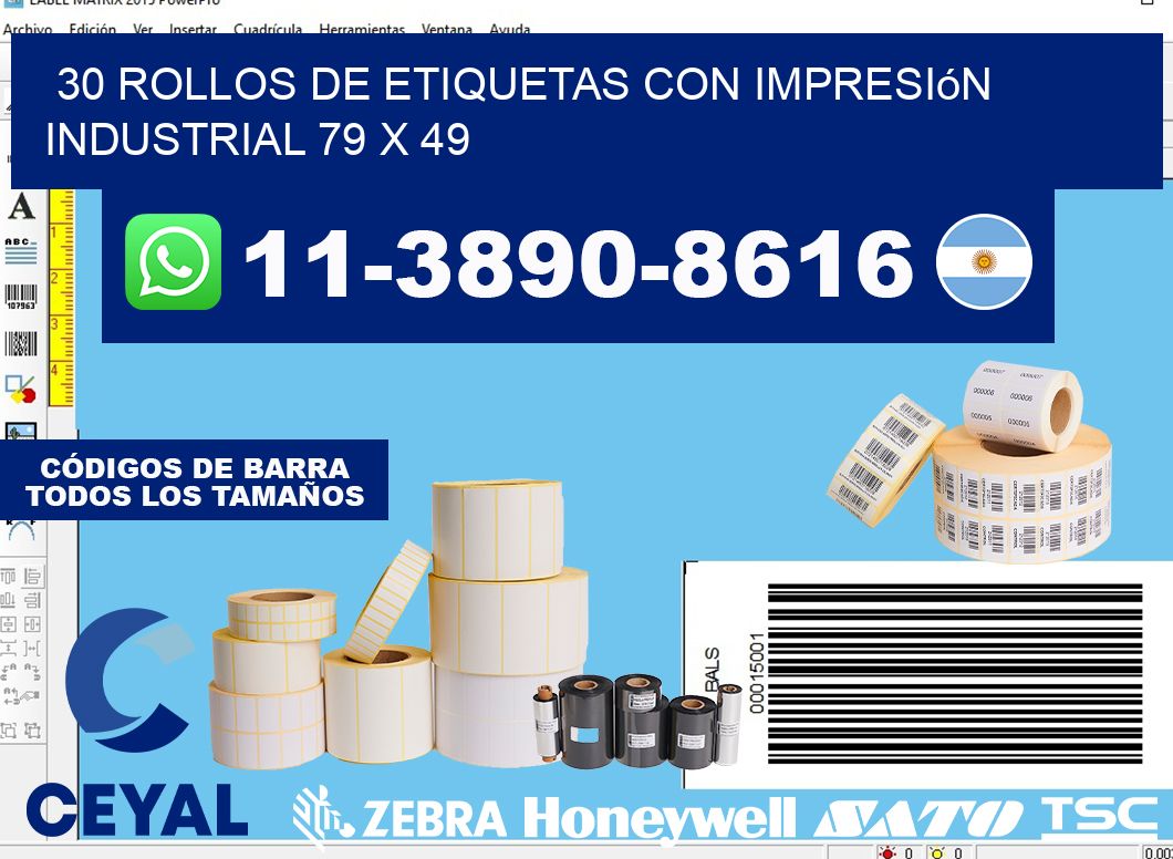 30 rollos de etiquetas con impresión industrial 79 x 49