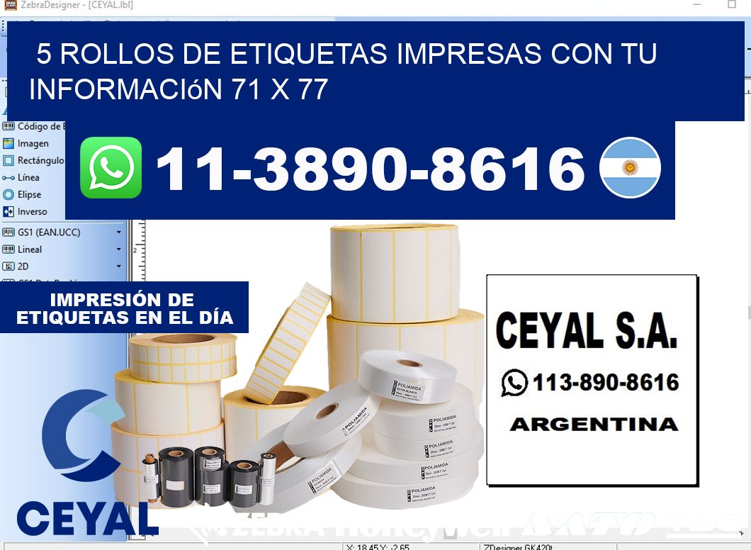 5 rollos de etiquetas impresas con tu información 71 x 77