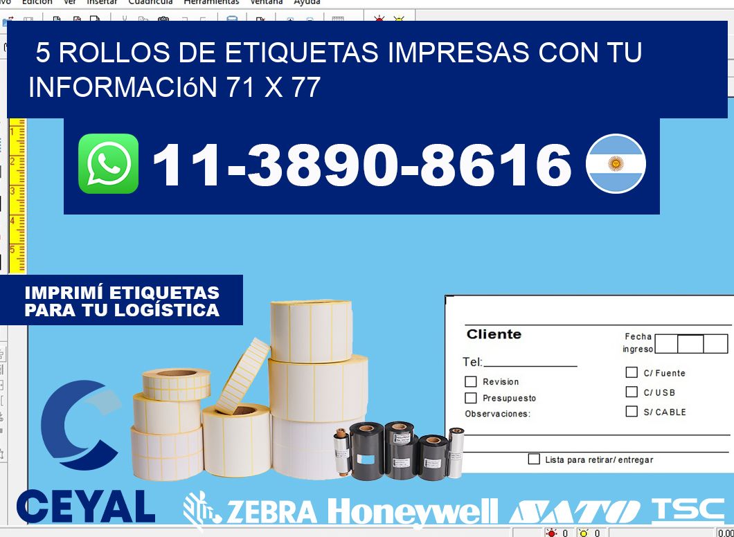 5 rollos de etiquetas impresas con tu información 71 x 77