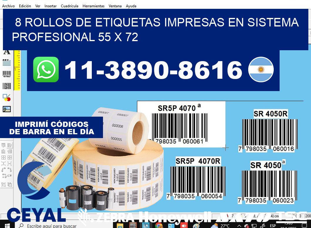 8 rollos de etiquetas impresas en sistema profesional 55 x 72