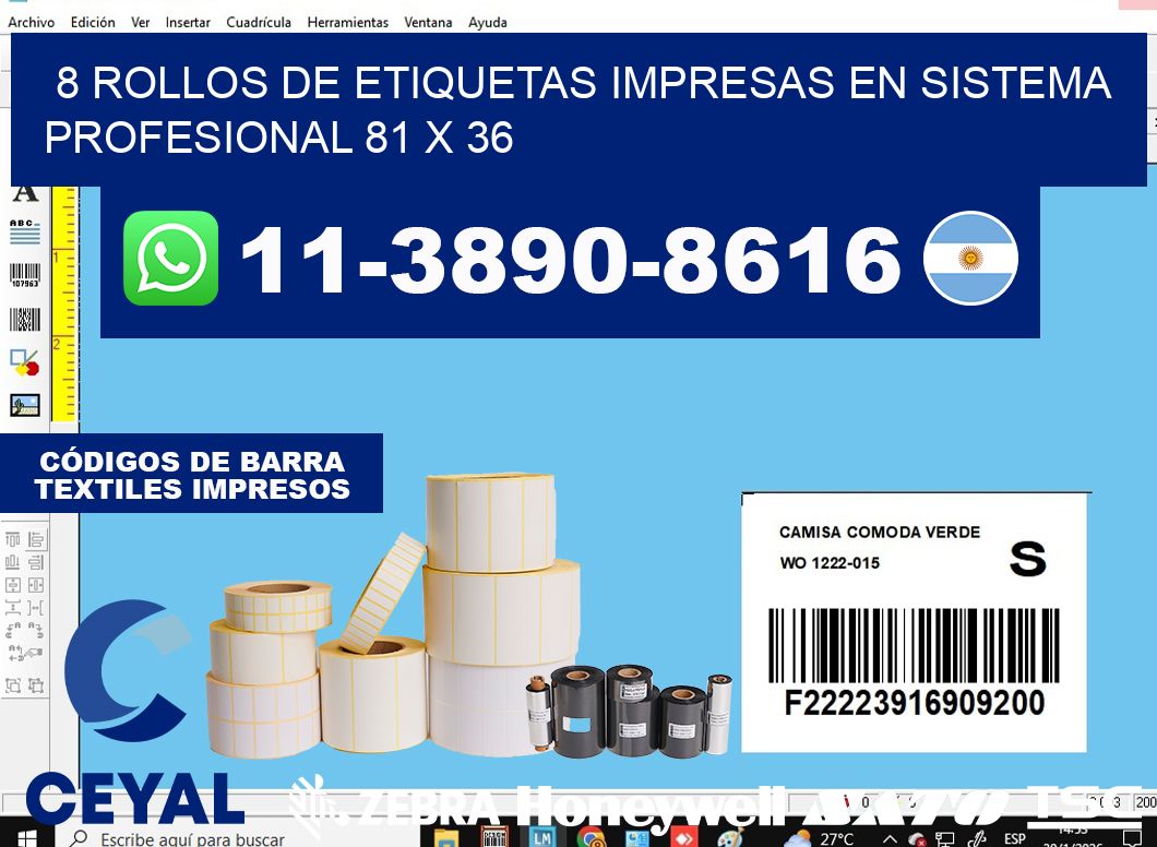 8 rollos de etiquetas impresas en sistema profesional 81 x 36